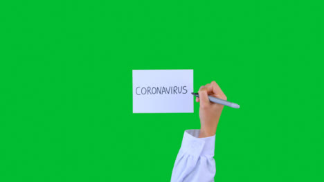 Arzt-Schreibt-Coronavirus-Auf-Papier-Mit-Grünem-Bildschirm