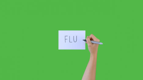 Frau-Schreibt-Grippe-Auf-Papier-Mit-Grünem-Bildschirm