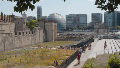 Außenansicht-Des-Tower-Of-London-England-Großbritannien-Mit-Gärten,-Die-Für-Superbloom-Event-1-Gepflanzt-Wurden