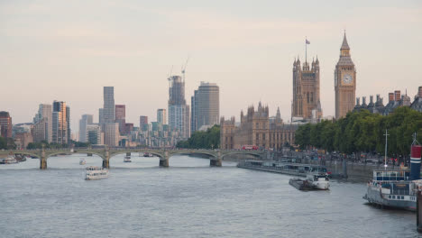 Skyline-From-Hungerford-Bridge-Over-Thames-With-Embankment-Westminster-Bridge-And-Houses-Of-Parliament