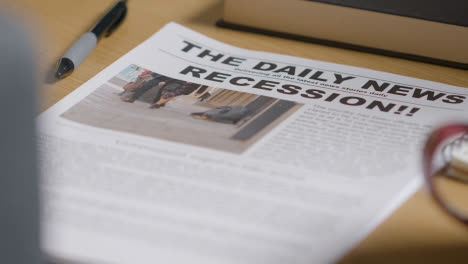 Zeitung-Mit-Schlagzeile-Zur-Rezessionskrise-Am-Schreibtisch-Zu-Hause-Oder-Im-Büro-1