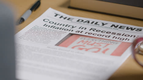 Zeitung-Mit-Schlagzeile-über-Rezession-Und-Inflationskrise-Auf-Dem-Schreibtisch-Zu-Hause-Oder-Im-Büro