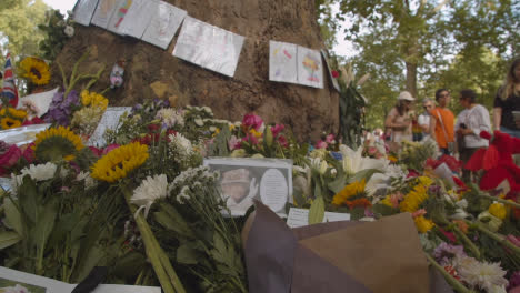 Wide-Shot-of-Hundreds-of-Floral-Tributes-and-Mourners-In-Green-Park