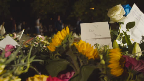 Nahaufnahme-Von-Floralen-Ehrungen-Und-Trauernden-Im-Green-Park-London