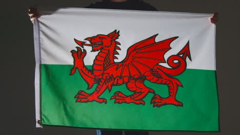 Studioaufnahme-Einer-Anonymen-Person-Oder-Eines-Sportfans,-Der-Die-Flagge-Von-Wales-Vor-Schwarzem-Hintergrund-Hält