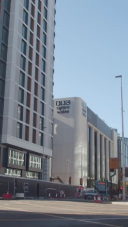 Vertical-Video-Showing-Exterior-Of-BBC-Wales-Building-In-Cardiff-City-Centre