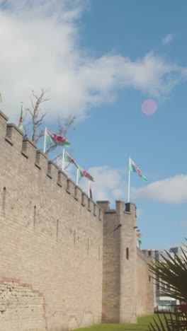 Vertikales-Video-Walisischer-Flaggen,-Die-Von-Cardiff-Castle-Gegen-Den-Blauen-Himmel-Fliegen