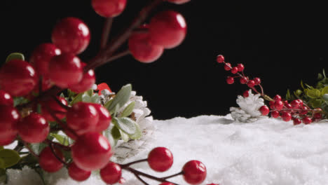 Studio-Christmas-Still-Life-With-Decorations-Berries-And-Pine-Cones-On-Artificial-Snow-1