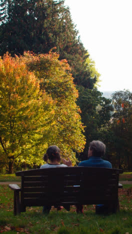 Vertical-Video-Of-People-Sitting-On-Bench-Looking-At-Trees-With-Colourful-Autumn-Leaves-In-Arboretum