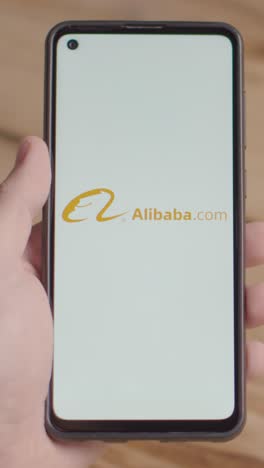 Vertical-Video-Of-Hand-Holding-Mobile-Phone-With-Screen-Showing-Brand-Logos-For-Amazon,Alibaba,The-Home-Depot,Costco,Walmart-and-Ikea