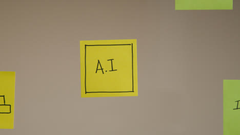 Close-Up-Of-Woman-Putting-Sticky-Note-With-AI-Written-On-It-Onto-Wall-In-Office