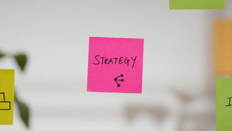 Close-Up-Of-Woman-Putting-Sticky-Note-With-Strategy-Written-On-It-Onto-Transparent-Screen-In-Office