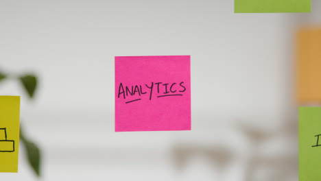 Close-Up-Of-Woman-Putting-Sticky-Note-With-Analytics-Written-On-It-Onto-Transparent-Screen-In-Office