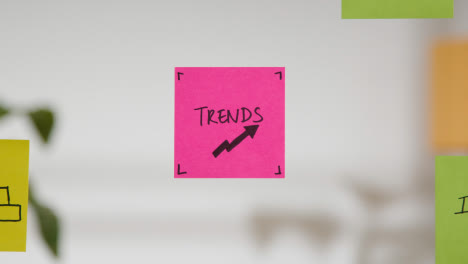 Close-Up-Of-Woman-Putting-Sticky-Note-With-Trends-Written-On-It-Onto-Transparent-Screen-In-Office