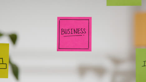 Close-Up-Of-Woman-Putting-Sticky-Note-With-Business-Written-On-It-Onto-Transparent-Screen-In-Office