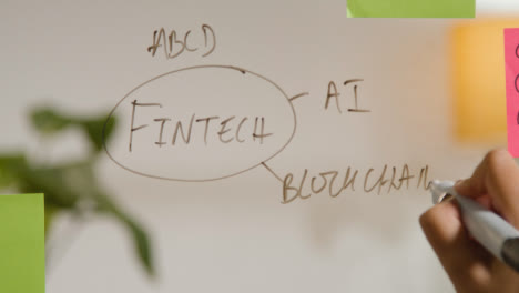 Nahaufnahme-Einer-Frau,-Die-Ein-Diagramm-Zeichnet,-Das-Fintech-Auf-Einem-Transparenten-Bildschirm-In-Büro-3-Erklärt