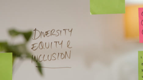Close-Up-Of-Woman-Writing-Words-Diversity-Equality-And-Inclusion-Onto-Transparent-Screen-In-Office-