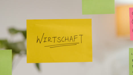 Close-Up-Of-Woman-Putting-Sticky-Note-With-German-Word-Wirtschaft-Or-Economy-Written-On-It-Onto-Transparent-Screen-In-Office-