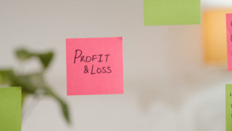 Close-Up-Of-Woman-Putting-Sticky-Note-With-Profit-And-Loss-Written-On-It-Onto-Transparent-Screen-In-Office