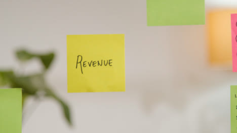 Close-Up-Of-Woman-Putting-Sticky-Note-With-Revenue-Written-On-It-Onto-Transparent-Screen-In-Office