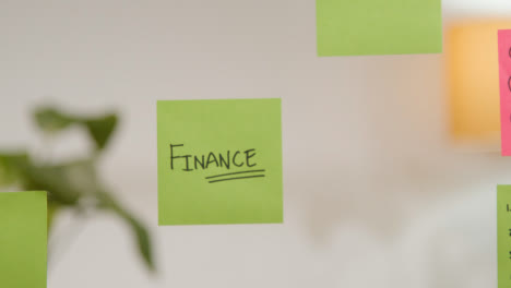 Close-Up-Of-Woman-Putting-Sticky-Note-With-Finance-Written-On-It-Onto-Transparent-Screen-In-Office-