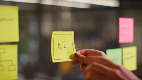 Close-Up-Of-Woman-Putting-Sticky-Note-With-AI-Written-On-It-Onto-Transparent-Screen-In-Office-2