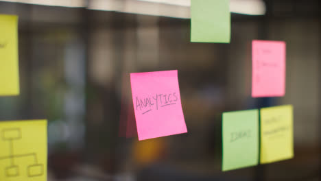 Close-Up-Of-Woman-Putting-Sticky-Note-With-Analytics-Written-On-It-Onto-Transparent-Screen-In-Office-1