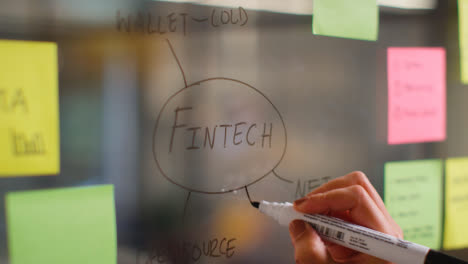Close-Up-Of-Woman-Drawing-Diagram-Explaining-Fintech-Onto-Transparent-Screen-In-Office-4