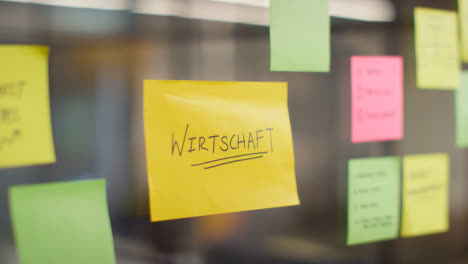 Close-Up-Of-Woman-Putting-Sticky-Note-With-German-Word-Wirtschaft-Or-Economy-Written-On-It-Onto-Transparent-Screen-In-Office-1