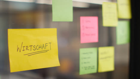 Close-Up-Of-Woman-Putting-Sticky-Note-With-German-Word-Wirtschaft-Or-Economy-Written-On-It-Onto-Transparent-Screen-In-Office-2