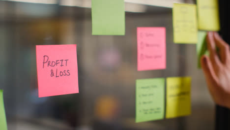Close-Up-Of-Woman-Putting-Sticky-Note-With-Profit-And-Loss-Written-On-It-Onto-Transparent-Screen-In-Office-2