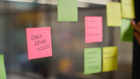 Close-Up-Of-Woman-Putting-Sticky-Note-With-Deep-Dive-Written-On-It-Onto-Transparent-Screen-In-Office-2