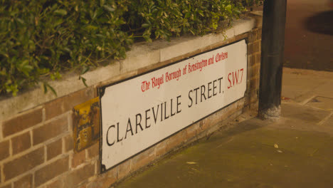 Close-Up-Of-Street-Sign-For-Clareville-Street-SW7-In-Belgravia-London-At-Night