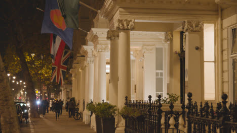Flags-Outside-Luxury-Hotels-In-Belgravia-London-At-Night