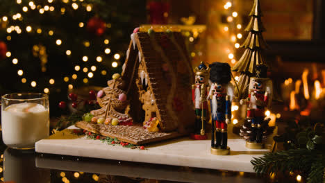 Christmas-Food-At-Home-With-Gingerbread-House-And-Milk-On-Table