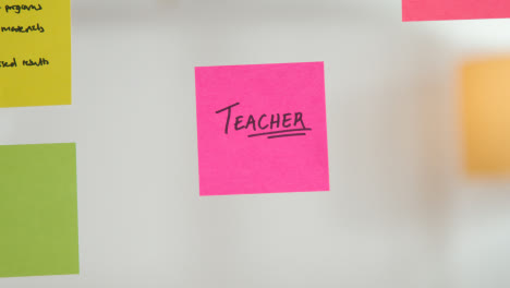 Close-Up-Of-Woman-Putting-Sticky-Note-With-Teacher-Written-On-It-Onto-Transparent-Screen-In-Office