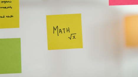 Close-Up-Of-Woman-Putting-Sticky-Note-With-Math-Written-On-It-Onto-Transparent-Screen-In-Office