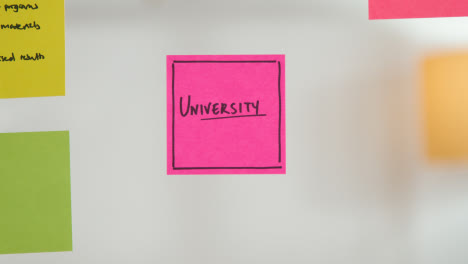 Close-Up-Of-Woman-Putting-Sticky-Note-With-University-Written-On-It-Onto-Transparent-Screen-In-Office