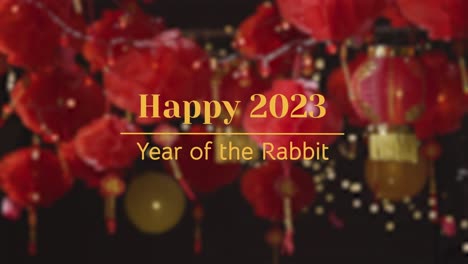 Happy-2023-Message-Graphic-Celebrating-Chinese-Year-Of-The-Rabbit-With-Lanterns-And-Confetti-In-Background