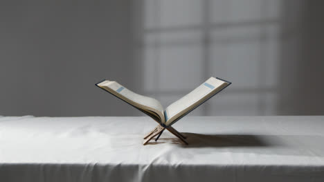 A-Handheld-Wide-Shot-of-the-Quran-On-Covered-Surface