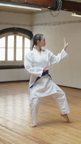 Vertical-shot-of-serious-girl-performing-karate-pose-in-gym