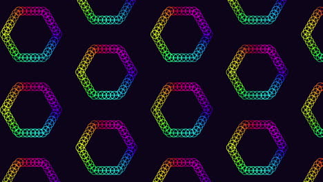 Neon-futuristic-hexagons-pattern-with-rainbow-rings-on-black-gradient