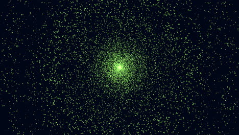 Leuchtend-Grüner-Punkt,-Umgeben-Von-Einem-Meer-Kleinerer-Punkte-Auf-Schwarzem-Hintergrund