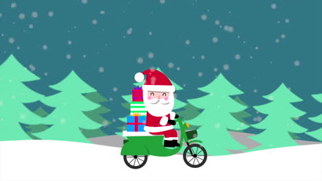 Weihnachtsmann-Mit-Geschenken-Auf-Dem-Motorrad-Im-Wald-Mit-Herbstschnee