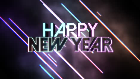 Happy-New-Year-text-with-neon-colorful-lines-on-disco-stage