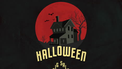 Großer-Halloween-Ausverkauf-Mit-Altem-Haus,-Großem-Roten-Mond-Und-Fliegenden-Fledermäusen-In-Der-Nacht