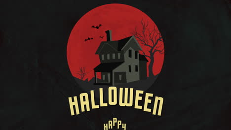 Feliz-Texto-De-Halloween-Con-Casa-Antigua,-Luna-Grande-Y-Murciélagos-Voladores-En-La-Noche