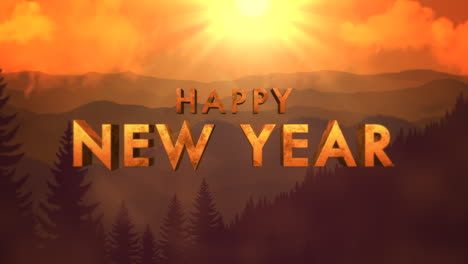 Feliz-Año-Nuevo-En-El-Paisaje-Al-Atardecer-Con-Sol-Y-Bosque