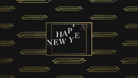 Happy-New-Year-in-gold-frame-on-geometric-pattern