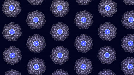 Hypnotisierendes,-Leuchtendes,-Kreisförmiges-Muster-Aus-Violetten-Und-Blauen-Blumen-Auf-Schwarz